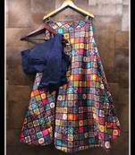 Multicolor Printed Satin Semi Stitched Lehenga With Dupatta