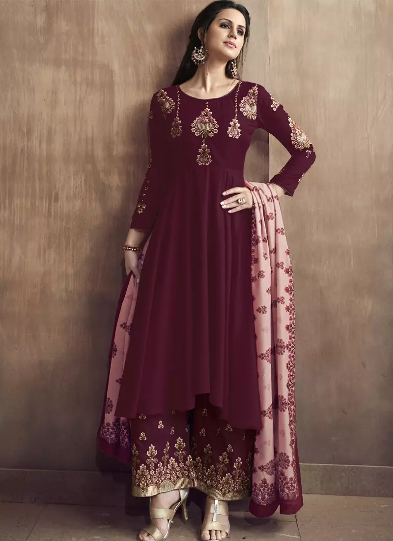 Maroon Silk Blend Readymade Suits
