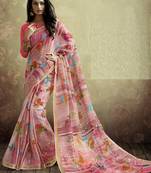 Peach printed linen saree with blouse