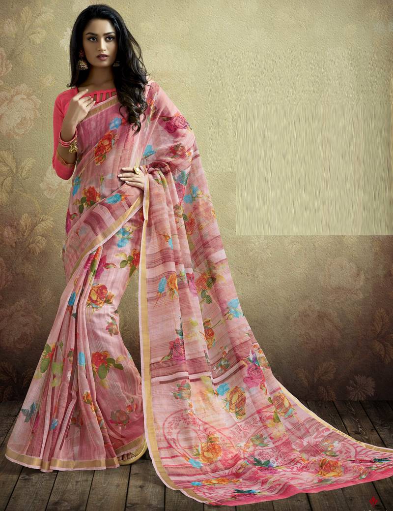 Peach printed linen saree with blouse
