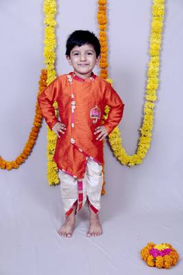 Orange plain cotton silk boys dhoti kurta 1