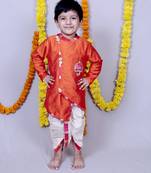 Orange plain cotton silk boys dhoti kurta