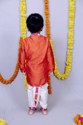 Orange plain cotton silk boys dhoti kurta 2