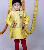 Yellow printed cotton silk boys kurta pyjama