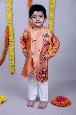 Orange printed cotton silk boys kurta pyjama 1