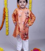 Orange printed cotton silk boys kurta pyjama
