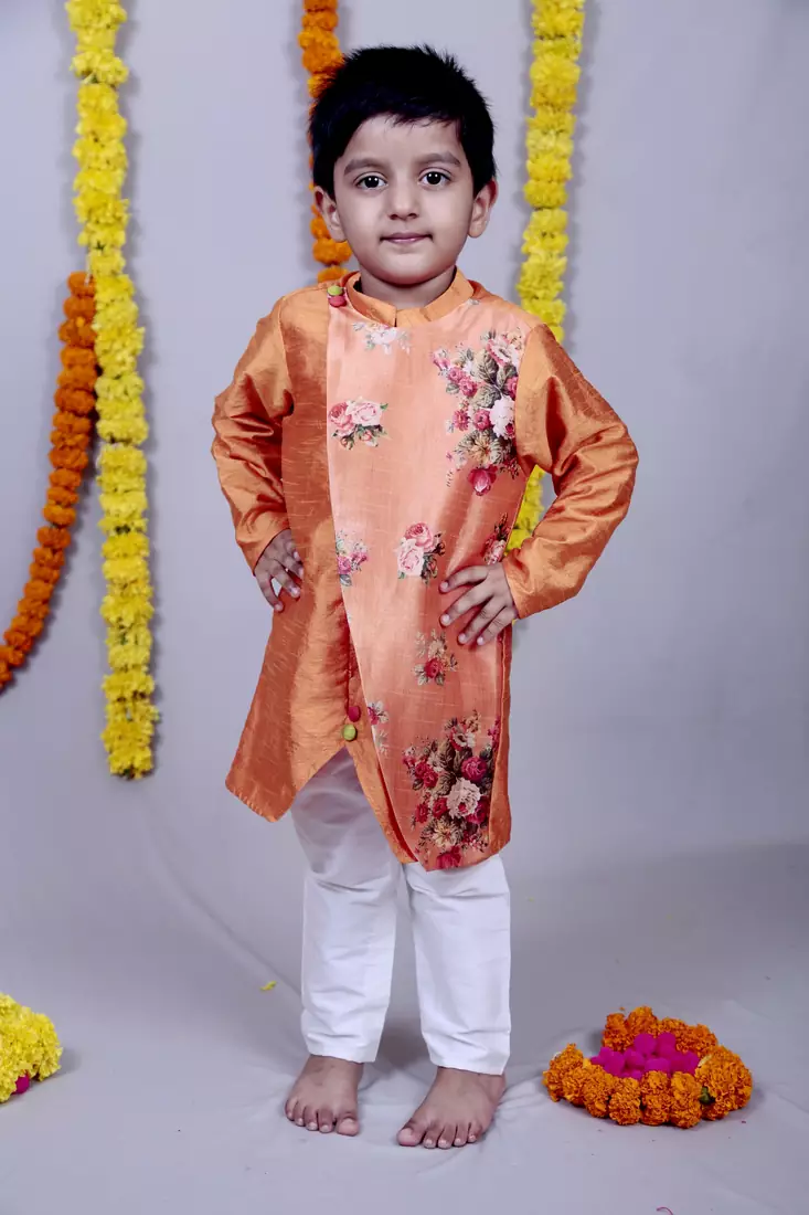 Orange printed cotton silk boys kurta pyjama