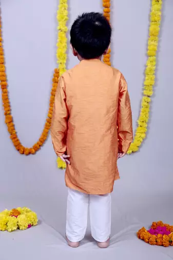 Orange printed cotton silk boys kurta pyjama