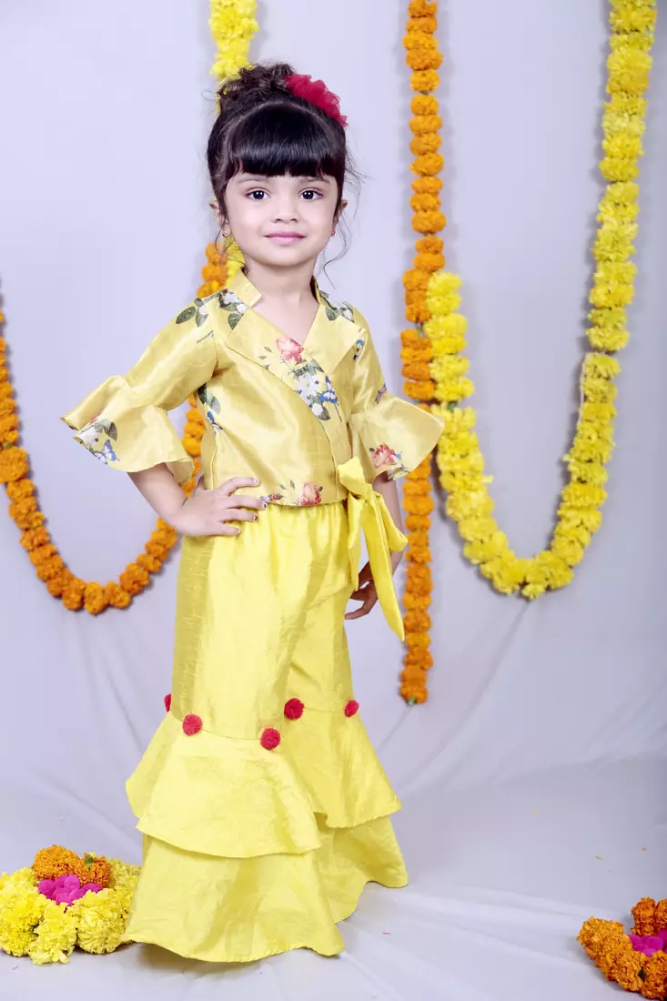 Yellow embroidered cotton silk kids tops