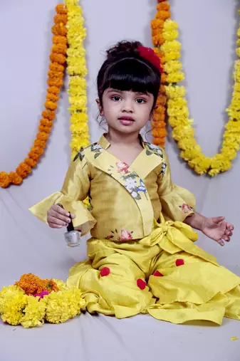 Yellow embroidered cotton silk kids tops