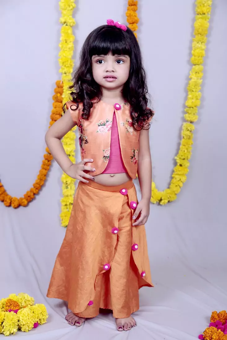 Orange embroidered cotton silk kids tops