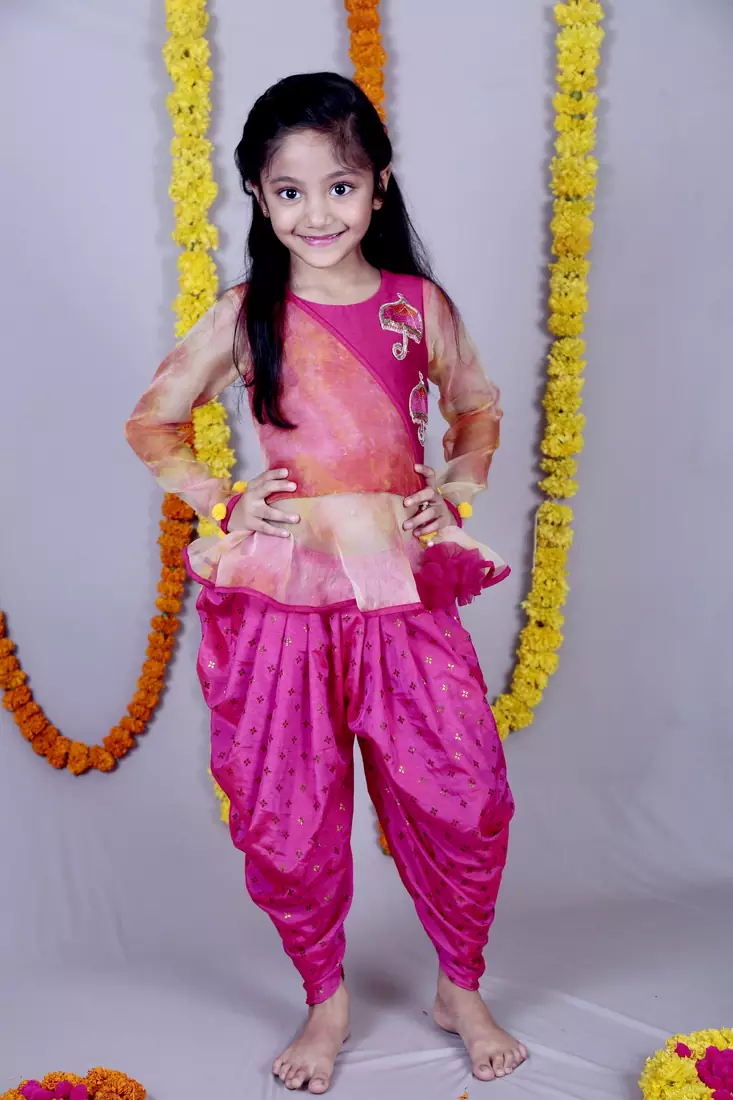 Pink woven cotton silk kids tops