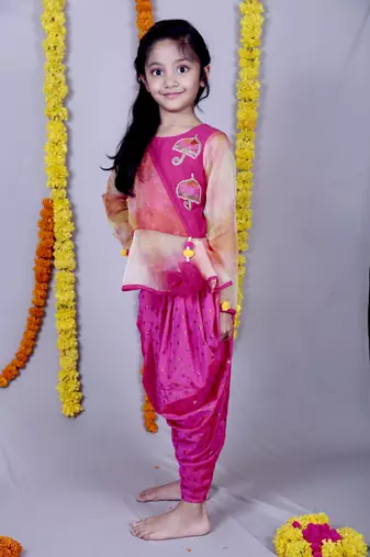 Pink woven cotton silk kids tops