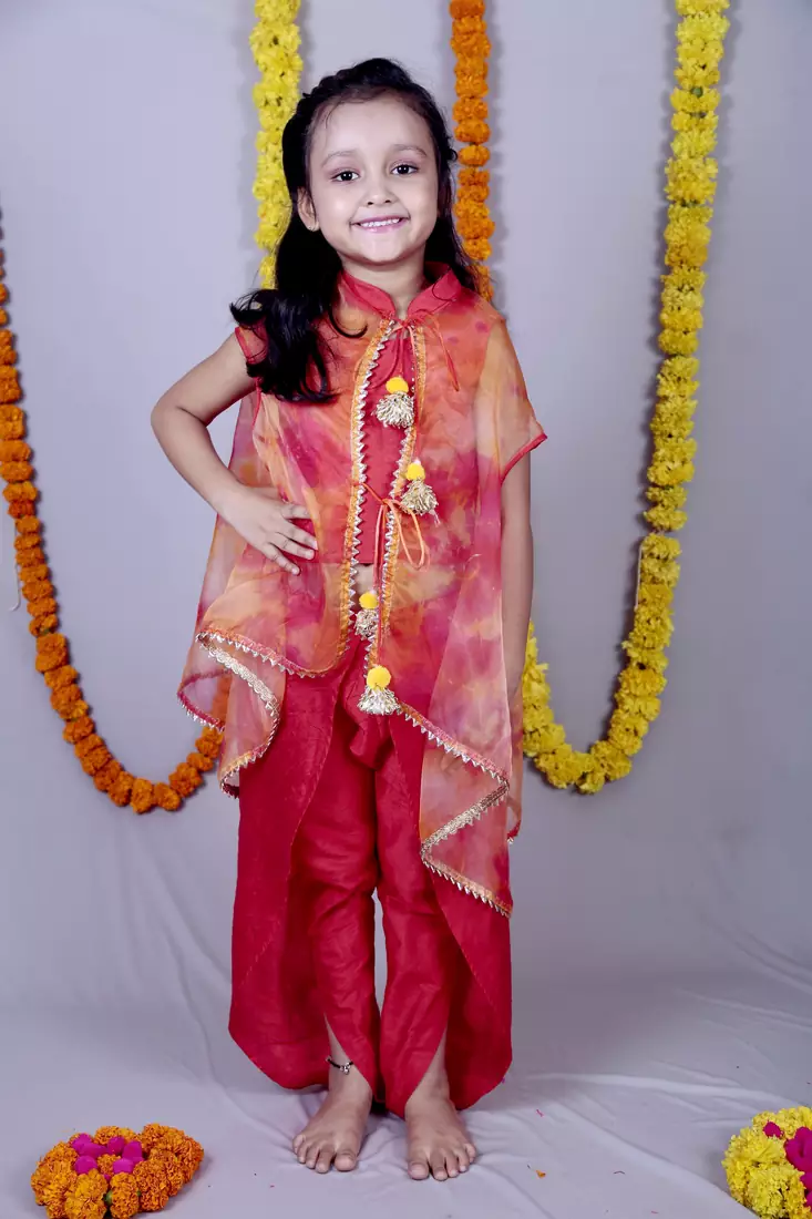 Red woven cotton silk kids tops