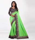 Light parrot green plain art silk saree with blouse