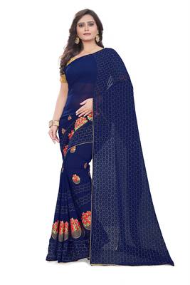Blue Embroidered Georgette Saree With Blouse 1