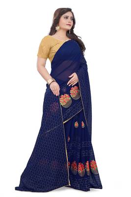 Blue Embroidered Georgette Saree With Blouse 3