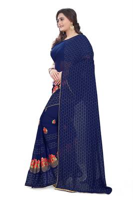 Blue Embroidered Georgette Saree With Blouse 4