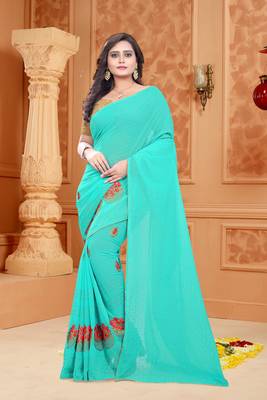 Turquoise Embroidered Georgette Saree With Blouse 1