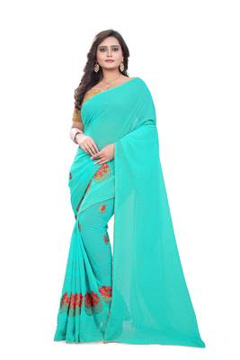 Turquoise Embroidered Georgette Saree With Blouse 3