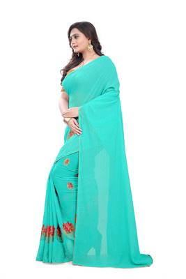 Turquoise Embroidered Georgette Saree With Blouse 4