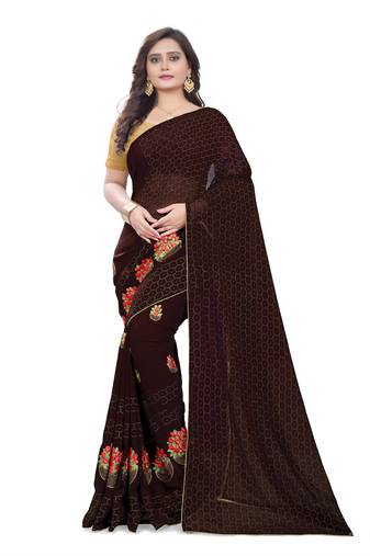Brown Embroidered Georgette Saree With Blouse