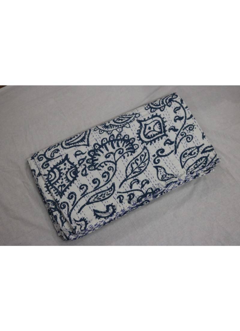 Fab India  Printed Floral Kantha  Quilt Indian Handmade  Print Bedspread Cotton Blanket Queen Size