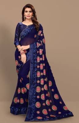 blue embroidered georgette saree with blouse 1