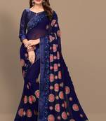blue embroidered georgette saree with blouse