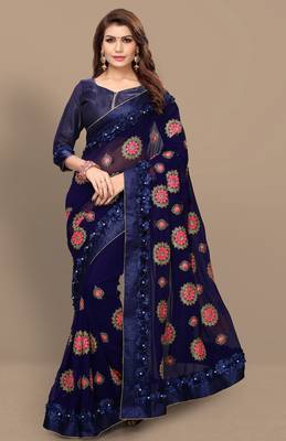 blue embroidered georgette saree with blouse 2