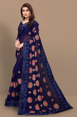 blue embroidered georgette saree with blouse 3
