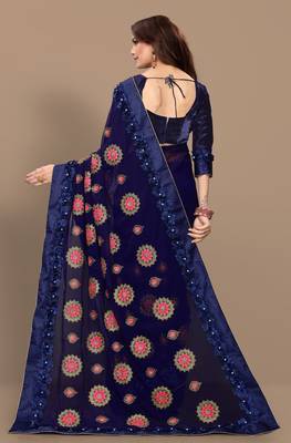 blue embroidered georgette saree with blouse 4