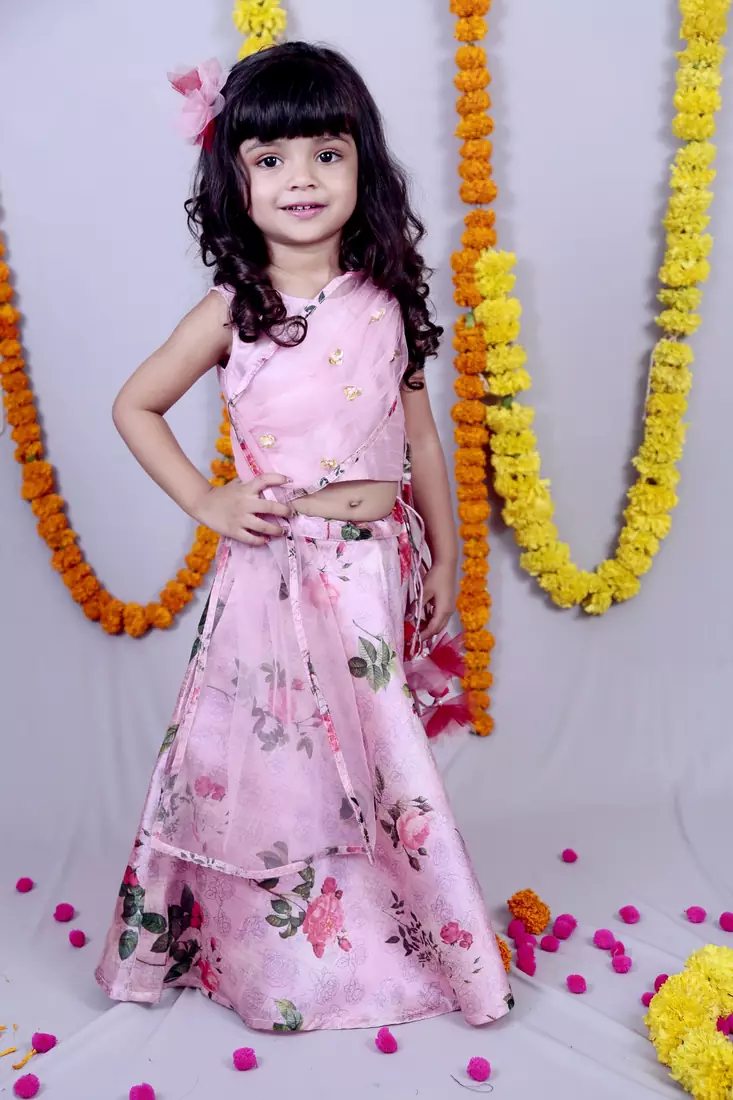 Pink printed cotton silk stitched lehenga