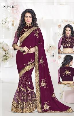 Wine Embroidered Georgette Saree With Blouse 1