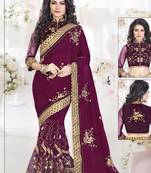 Wine Embroidered Georgette Saree With Blouse