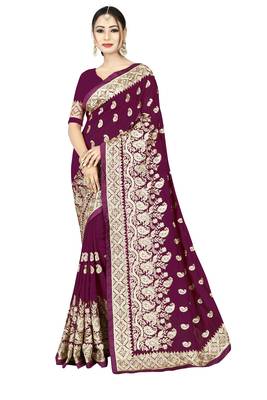 Purple embroidered art silk saree with blouse 1