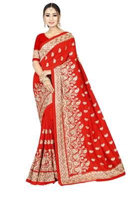 Red embroidered art silk saree with blouse 1