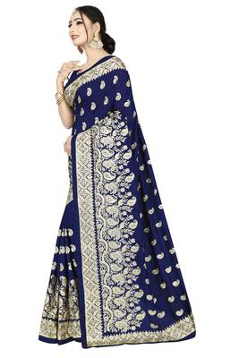 Blue embroidered art silk saree with blouse 3