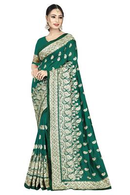 Dark green embroidered art silk saree with blouse 1