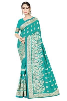 Turquoise embroidered art silk saree with blouse 1