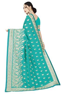Turquoise embroidered art silk saree with blouse 2