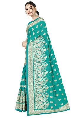 Turquoise embroidered art silk saree with blouse 3