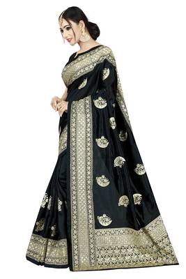Black embroidered art silk saree with blouse 3