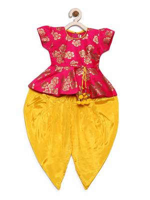 Pink Woven Jacquard Girls Dhoti With Peplum Top 1