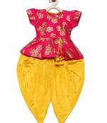 Pink Woven Jacquard Girls Dhoti With Peplum Top