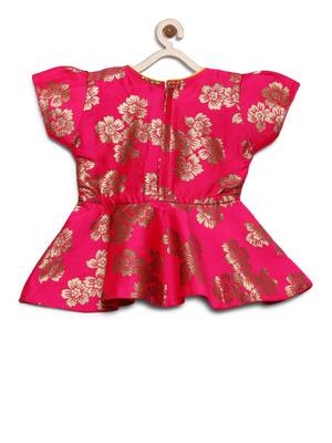 Pink Woven Jacquard Girls Dhoti With Peplum Top 3