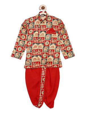 Red Printed Satin Boys Dhoti Kurta 1