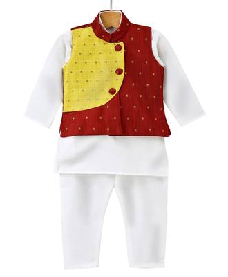 White Woven Art Silk Boys Kurta Pyjama 1