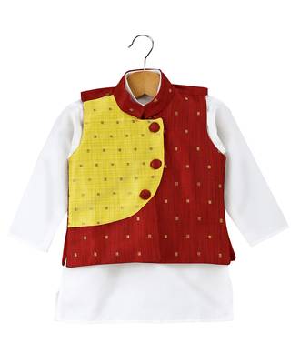 White Woven Art Silk Boys Kurta Pyjama 2