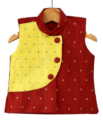 White Woven Art Silk Boys Kurta Pyjama 3